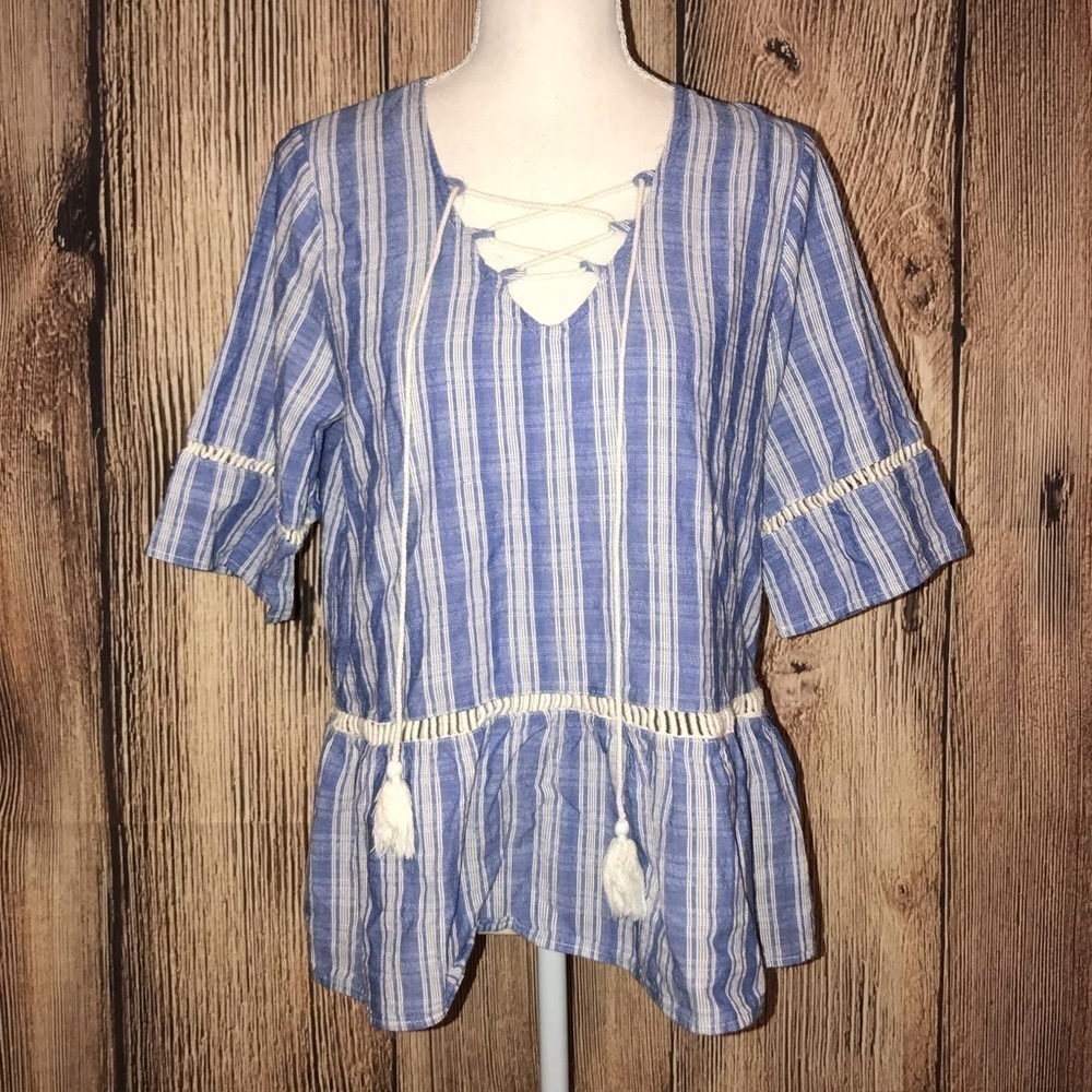 LIV LOS ANGELES ANTHROPOLOGIE LARGE BLUE SHIRT SLEEVED CASUAL TOP